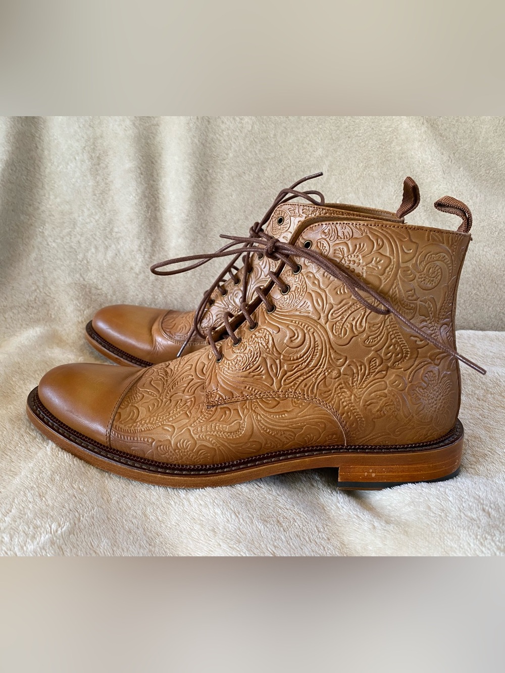 Taft boots 42 9 men 11 women tan leather floral embossed lace up ankle Spain